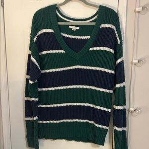 American Eagle Outfitters V-Neck Sweater - Green and Navy Stripes
